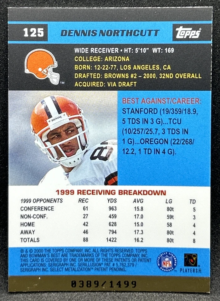 2000 Bowman's Best #125 Dennis Northcutt RC Rookie Refractor #389/1499 Browns - Image 2 of 2