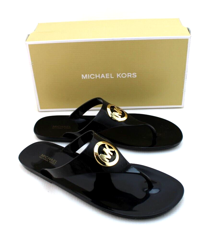 NWB MICHAEL KORS Women 8 Lillie Jelly Black Metal MK Logo Thong