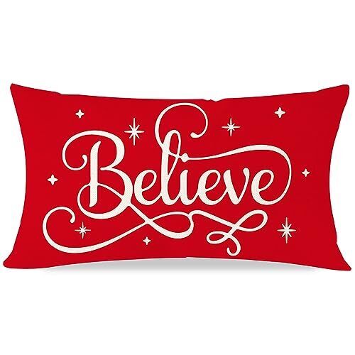 Red Christmas Pillow Covers 12x20 Believe Christmas Decorations 12" x 20" A - Picture 1 of 6
