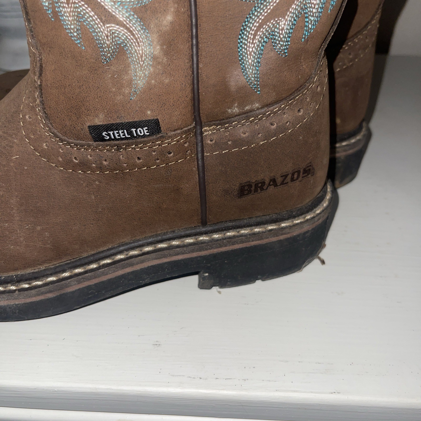 BRAZOS Brown Leather Embroidered Steel Toe Western Work Boots Women's Size 8 B image 4