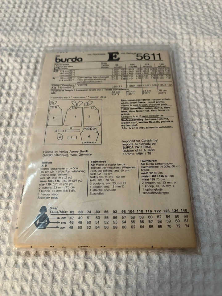 Burda 5611 Girls Coat Pattern, Sizes 3-7 Uncut - Image 2 of 2