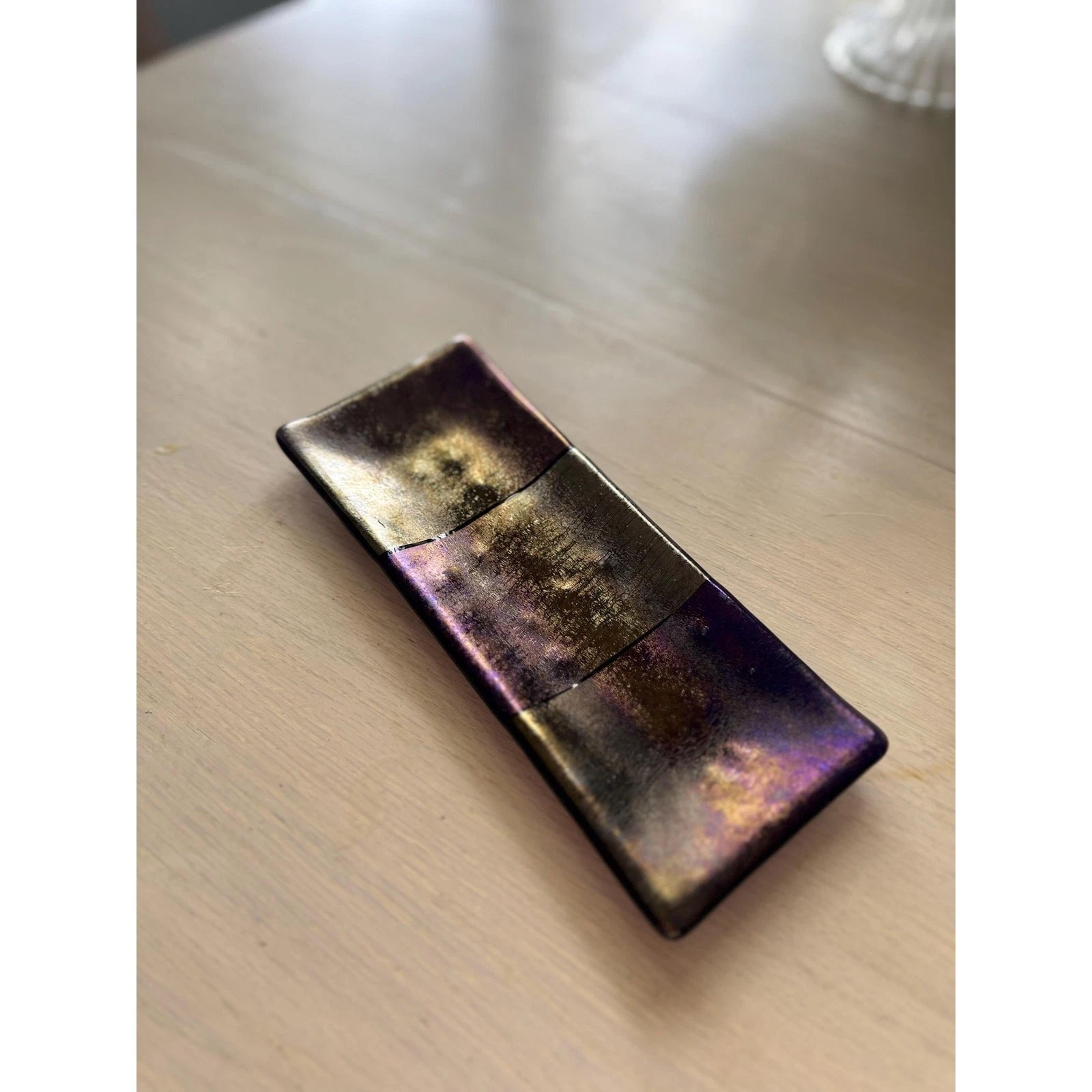 Vintage iridescent handblown glass butter dish
