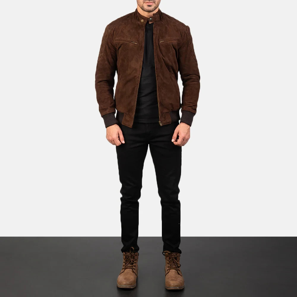 Mens Distressed Brown Suede Leather Jacket Slim Fit Moto Style Quilted Shoulder image 3