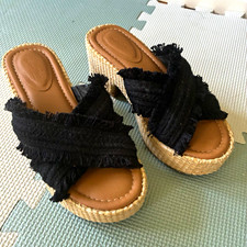 Womens Black Fringe Strappy Wedge Slip-On San...