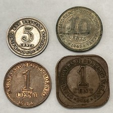 STRAITS SETTLEMENTS 1945 1962 1cent & 1943 5cents 1953 10cents Silver 4 Coins