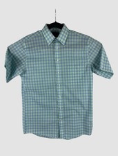 Stafford Travel Mens 15.5 Medium Dress Shirt Green Blue Check Easy Care Short SL