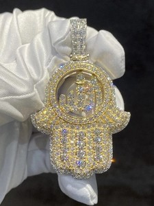 Authentic 2Ct Real Moissanite Hamsa Hand W/Allah Pendant 14K Yellow Gold Plated Silver