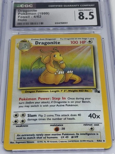 Pokémon TCG Fossil Unlimited Dragonite Holo Rare 4/62 CGC 8.5 1999