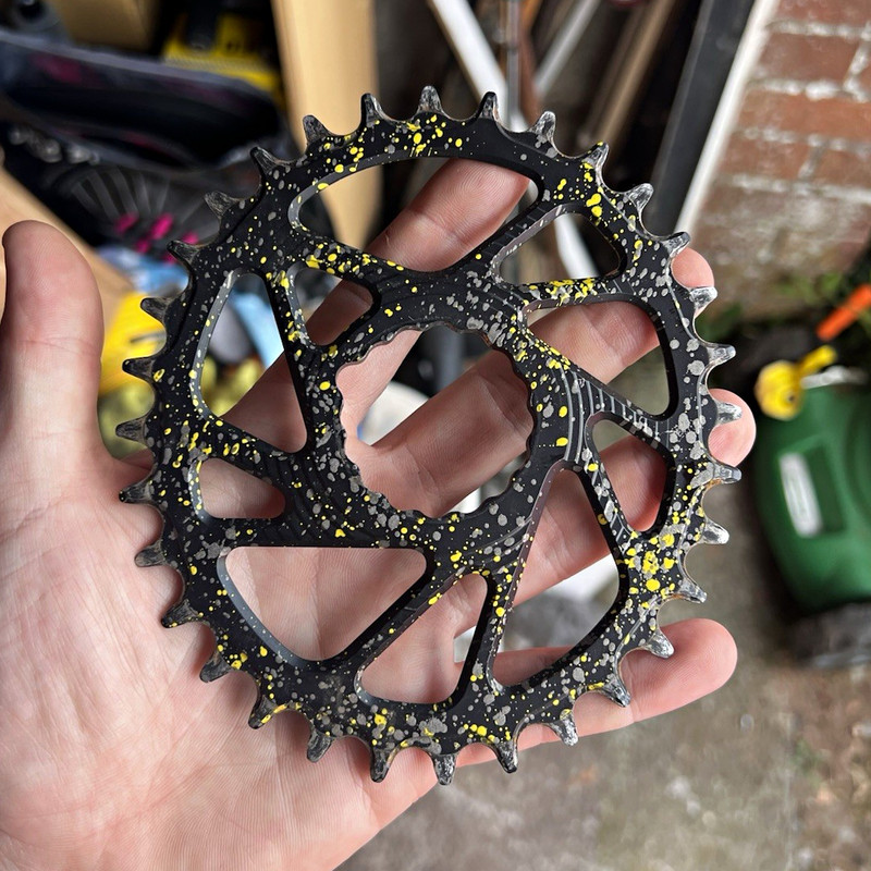 Unite Co. 32T Oval Chainring – Race Face Cinch – Black with Grey & Yellow Paint