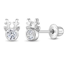 Holiday Reindeer Kids / Children's / Girls Earrings Screw Back - Sterling Silver