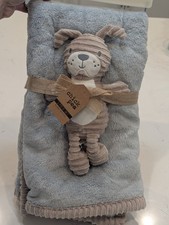 Chick Pea Blue Tan Plush Baby Blanket Set Ribbed Plush Dog NEW