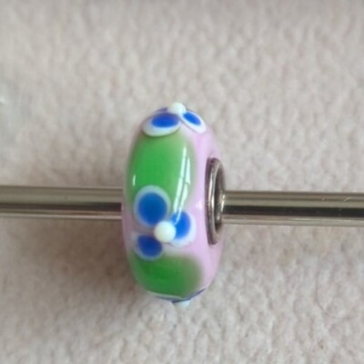 Authentic Trollbeads Unique Ooak Charm Bead On Pink Base Green Blue Leaves CC