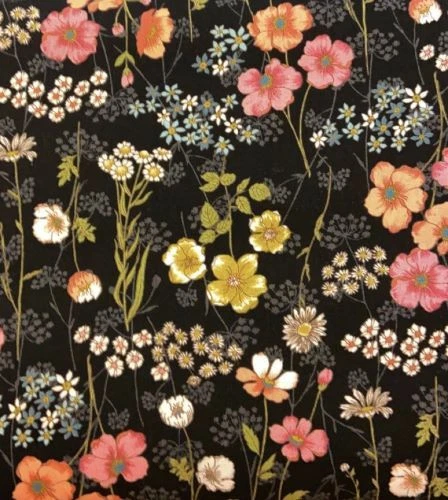 NUTEX Fat Quarter Botanical Feel Flowers On Black 100% Cotton Fabric