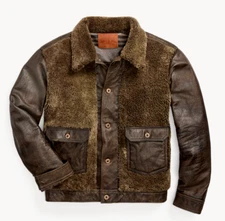 RRL Ralph Lauren Black Brown Shearling Panel Cowhide Leather Grizzly Jacket- XL