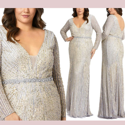 NWT $598 Mac Duggal [ PLUS 20W ] 5176 Sequin Beaded Long Sleeve V Neck Gown J507
