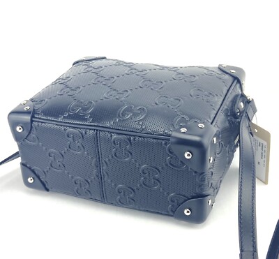 New Authentic Gucci GG Embossed Black Leather Unisex Messenger Bag