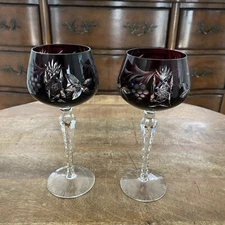 2 Ajka MARSALA Ruby Red Crystal Goblet Glasses 8” Cut To Clear Bohemian Czech