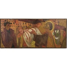 Vintage Modernist Figurative Painting of the Crucifixion, Framed (Oil on Canvas)