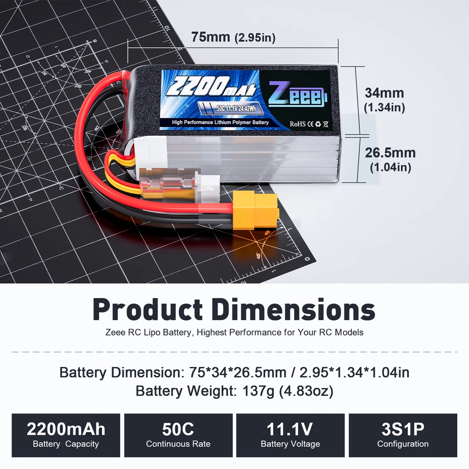 2x Zeee 11.1V 2200mAh 3S Short Lipo Akku Batterie XT60 50C for RC Auto Flugzeug - Bild 2 von 4