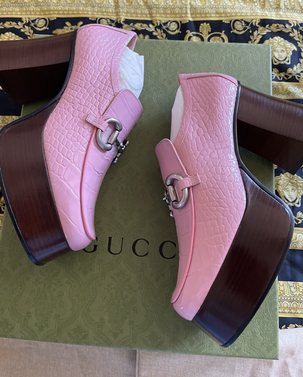 GUCCI ピンク スエード ハイヒール　サイズ38 New Auth Gucci Horsebit Croc Platform Loafers Woman Heels Pink G