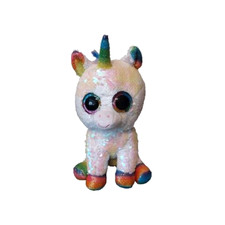 TY Beanie Boo Pixy Plush White Sequin Unicorn w/Glitter Eyes Rainbow Feet 10"