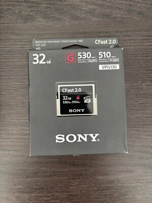 Sony CAT-G32 32 GB CFast 2.0 card with 530 MB/s read and 510 MB/s write speeds, 