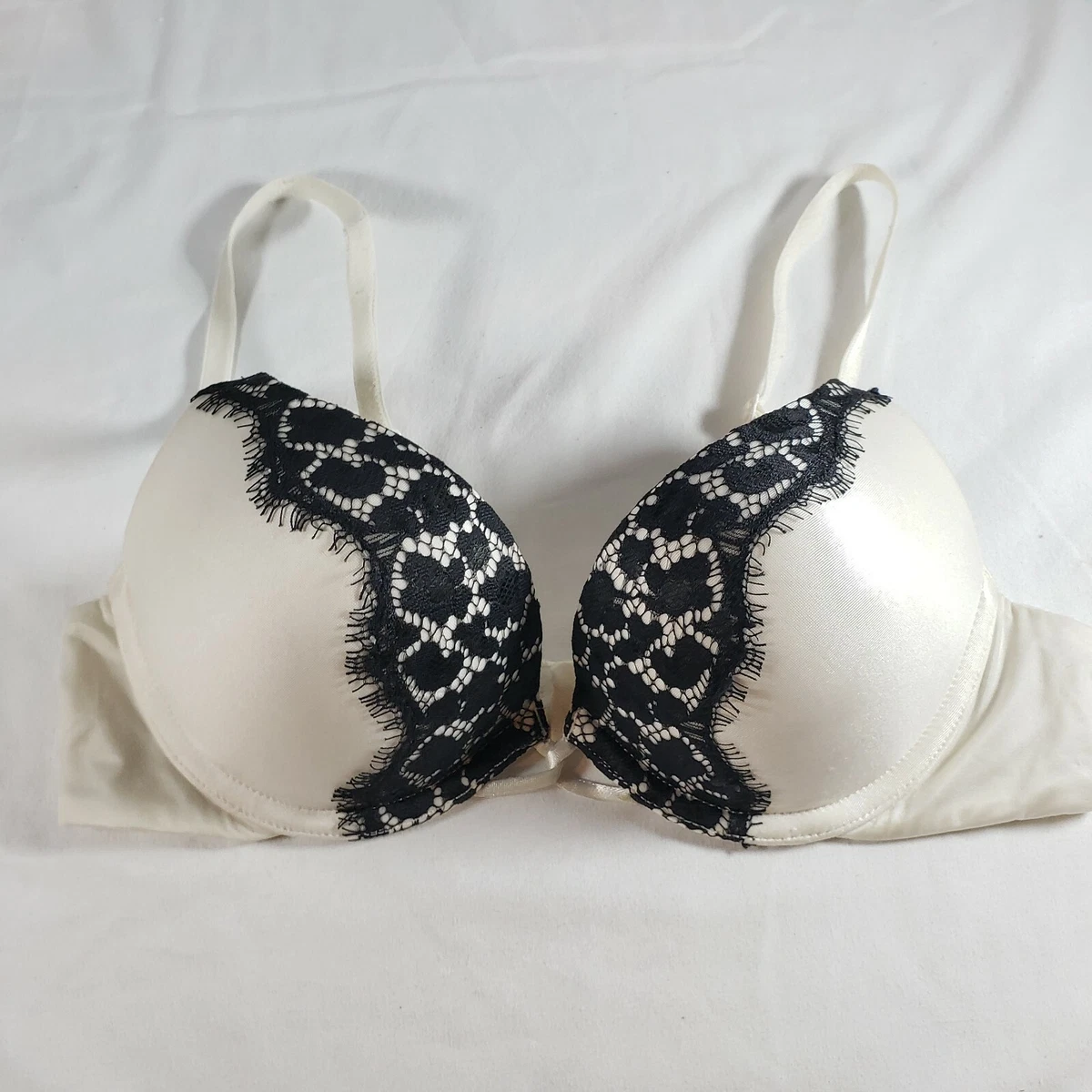 Victoria's Secret 34A Bombshell Bra Plunge White Black Lace Adds 2