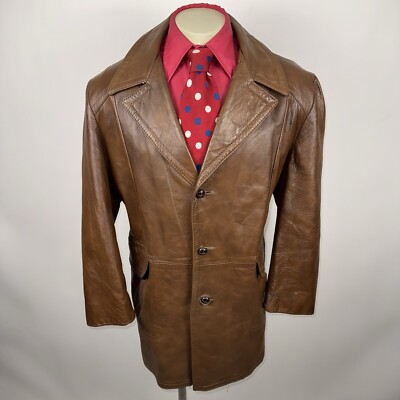 Vintage Reed Leather Jacket Mens 1960s 1970s Trench Coat