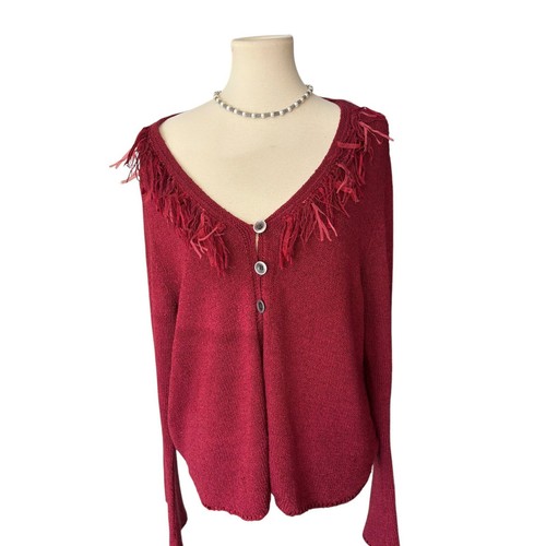 J Jill Gr. Large Burgunder Fransen Seide Leinen Viskose Mischung Cardigan Strick Lagenlook