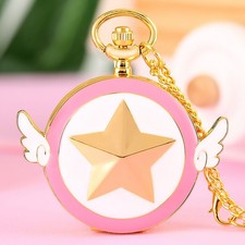 Cute Women Arabic Numerals Pocket Watch w/ Necklace Chain Lovely Pink White Dial