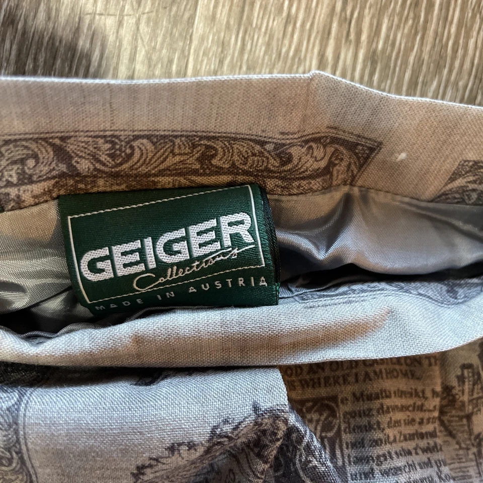 Saia de lã vintage Geiger tamanho 44 (33 pol) cinza azul estampa floral - Imagem 4 de 4