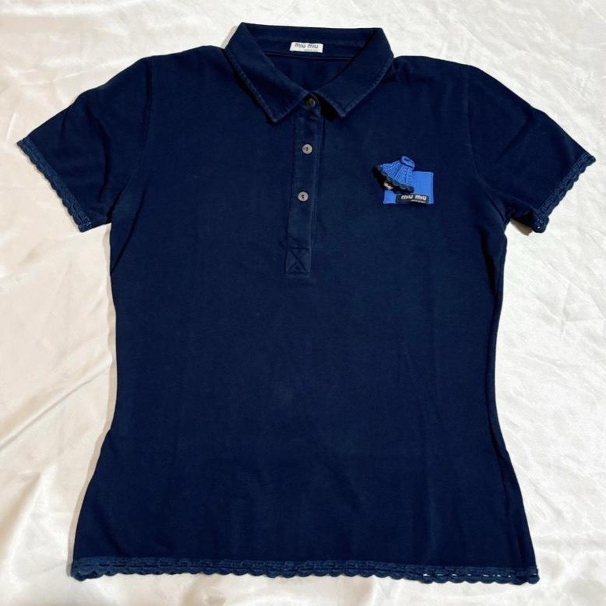 2005 miu miu flower logo polo top l navy blue shirt vintage italy
