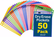 Dry Erase Pockets 50 Pack - 10 X 13 Reusable Dry Erase Pocket Sleeves for Work &