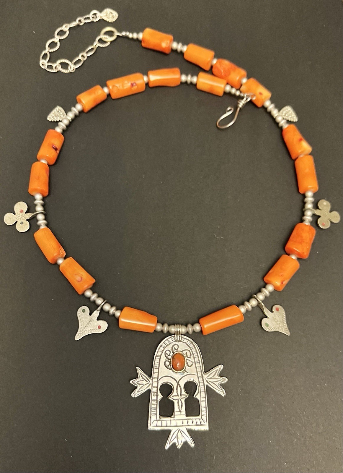 Gates of paradise berber Tuareg pendant & vintage Charms Orange Coral Necklace.