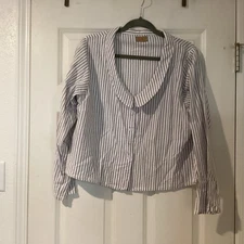 Tulip Women's Long Sleeve Striped V Neck Top SZ L Top Cotton Pearl Buttons