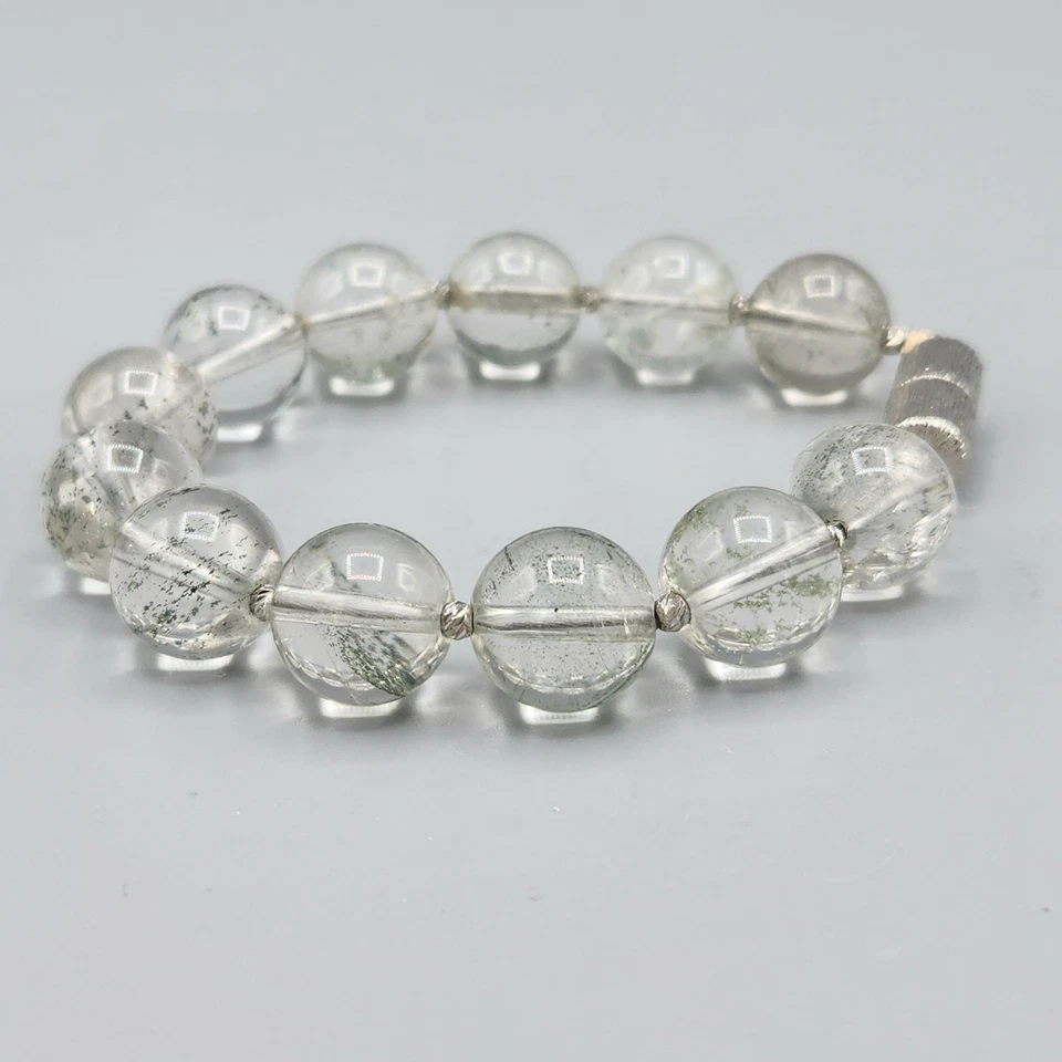 Green Phantom Ghost Garden Rutilated Clear Quartz 12mm Bead Bracelet 6.5" - Image 3 of 4