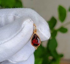 18K Solid Gold Charm, Natural Pear Garnet Charm Handmade Necklace Pendant