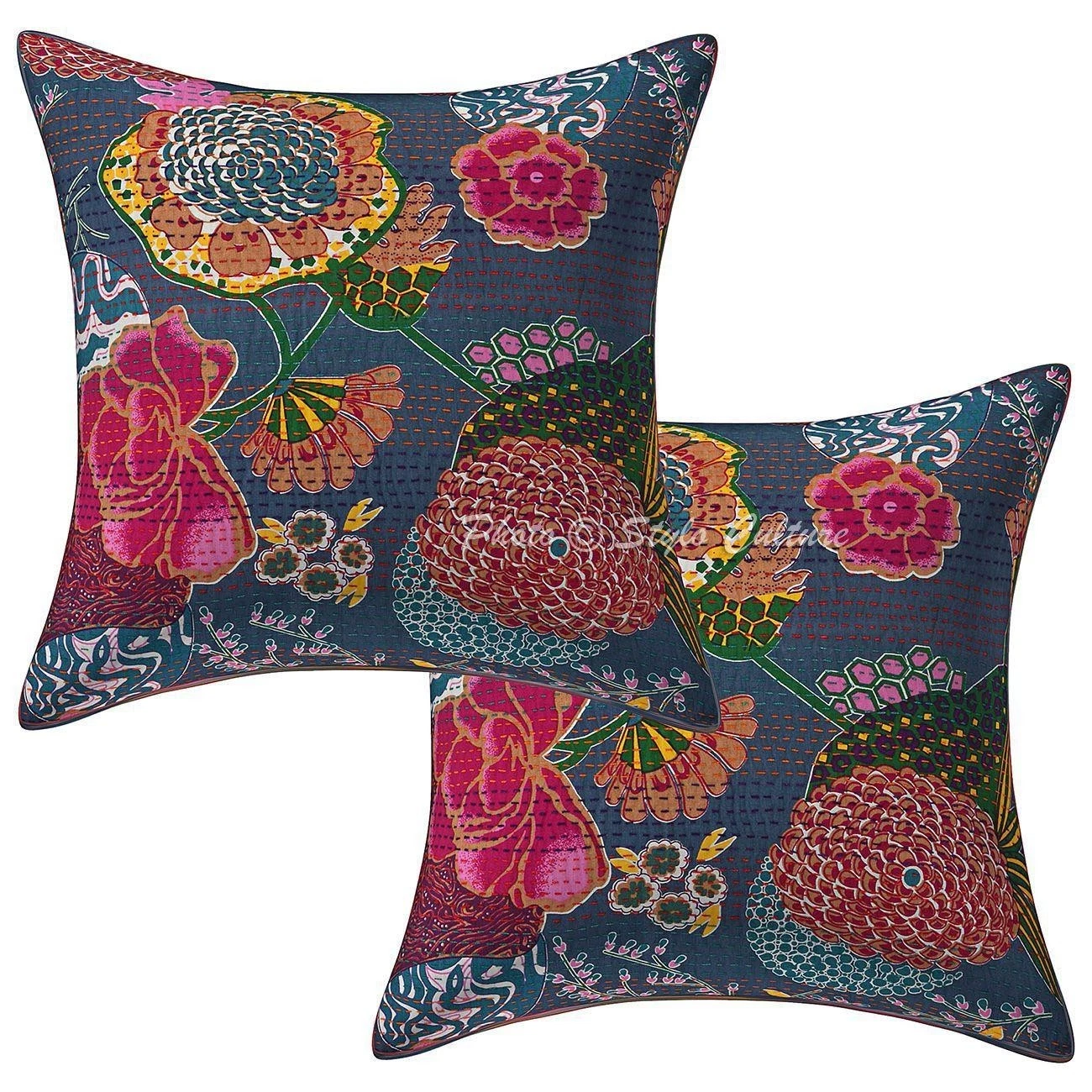 Ethnic Cotton Throw Pillow Covers Kantha Grey Tropicana Home Decor Cushion Cover