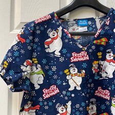 Frosty the Snowman Women's Size L Winter Uniform Scrub Top Blue White V Neck