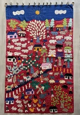 Large Vintage Handmade Peruvian Arpillera Folk Art Applique Tapestry