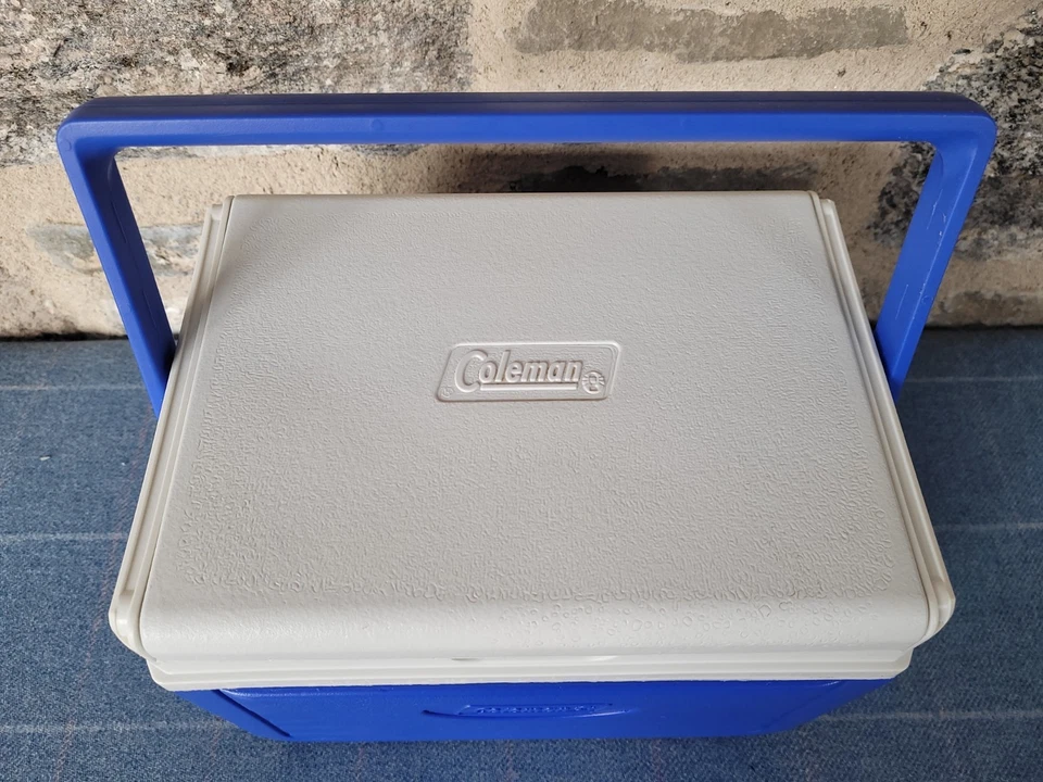 Kleine Vintage Coleman Kühlbox blau weiß Getränkehalter Klappdeckel Strand Picknick UK - Bild 2 von 4