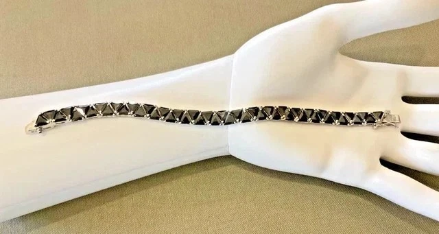 12TCW Trillion Lab Created Black Diamondn Tennis bracelet 14k White Gold Plated