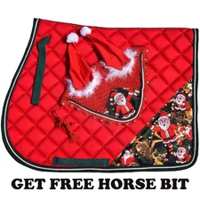 Santa Claus Christmas Western Horse Saddle Pad and Fly Veil Set Equestrian Tack