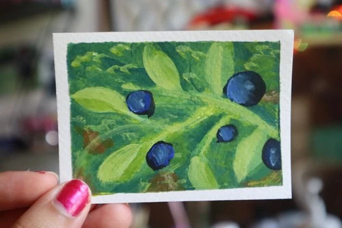 ACEO original botanical nature fruit green blue impressionism  "Olive Branch"