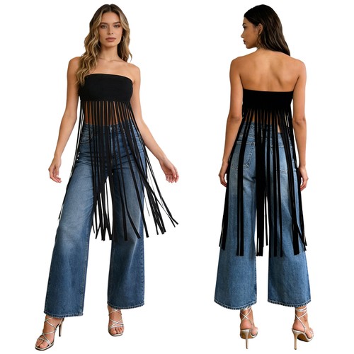 Damen Party Western Kleid Stil Quaste Strass Streetwear Röhre Freizeit lang - Bild 4 von 24