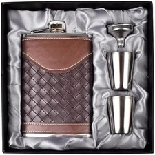 Hip Flask 8oz Leather Gift Set w/Funnel Shot Glass