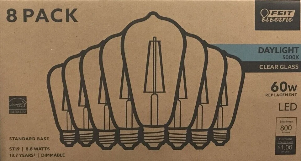 Feit Electric 8 Pack 60w Daylight 5000K Clear Glass ST19 Dimmable LED 8293 - Image 2 of 4