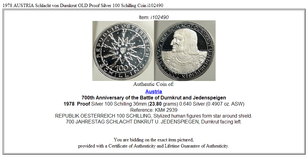 1978 AUSTRIA Schlacht von Durnkrut OLD Proof Silver 100 Schilling