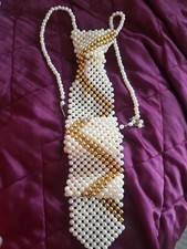 Pearl neck tie necklace white ivory cream and gold