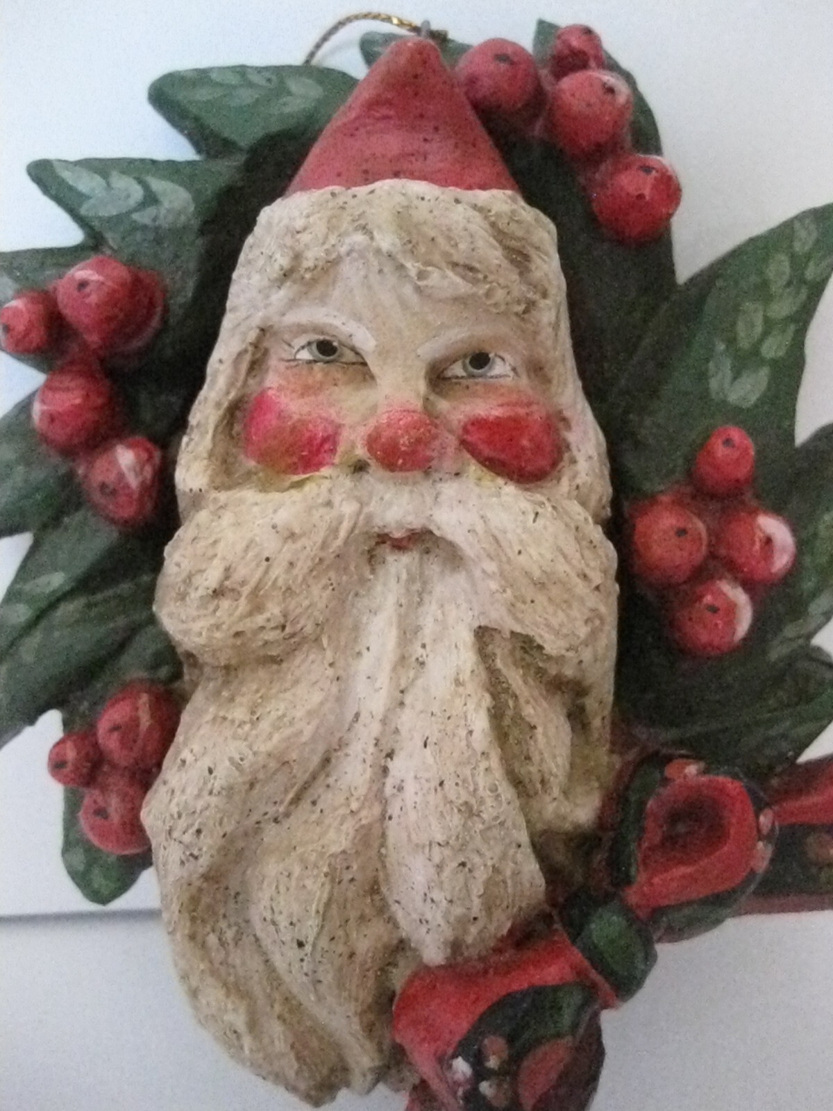 Vintage 1989 House of Hatten Santa Face on Wreath Christmas Ornament Folk Art-image